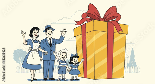 Happy retro family standing next to a giant yellow gift box with a red ribbon, surprise concept