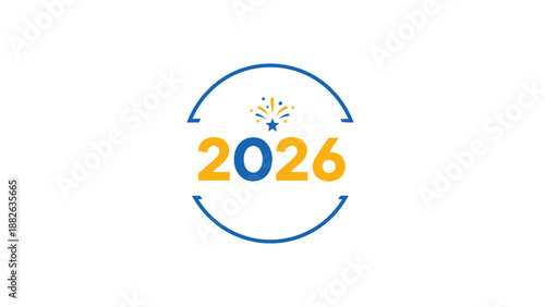 2026 Year Celebration with Fireworks and Stars Logo on White Background