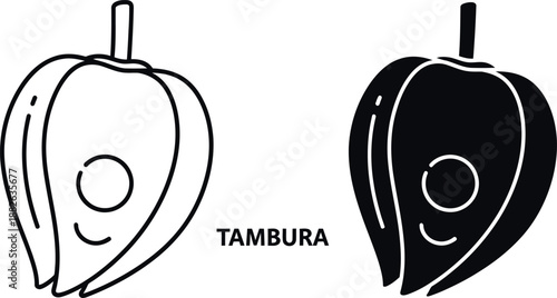 Two black and white bell peppers with stems and the word tambura underneath vegetable 1