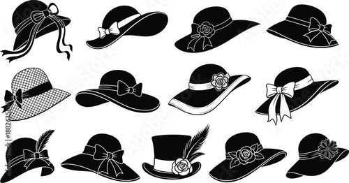 Women hat silhouette collection featuring elegant vintage and modern styles with bows, ribbons, flowers, and feathers for fashion, accessory, and retro design concepts