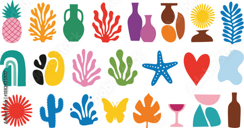 Colorful abstract boho vector shapes collection with vases, plants, coral, hearts, tropical icons, and modern flat design