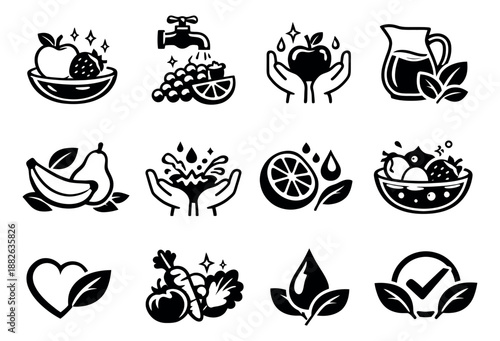 Clean glyph healthy food and nutrition icon set featuring fruits, vegetables, and fresh water elements for wellness and healthy living concepts