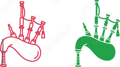 Two bagpipes one red and one green with detailed pipes and bellows musical instrument 1