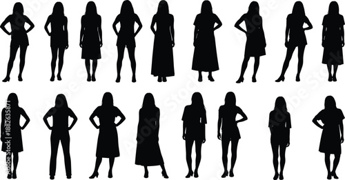 Women silhouettes standing poses collection, female figures in casual and elegant outfits, fashion posture icons, black vector illustration isolated