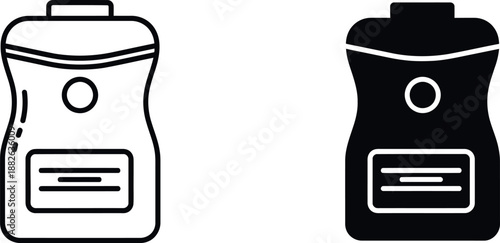 Two black and white water bottles with labels and caps drink container liquid beverage 1