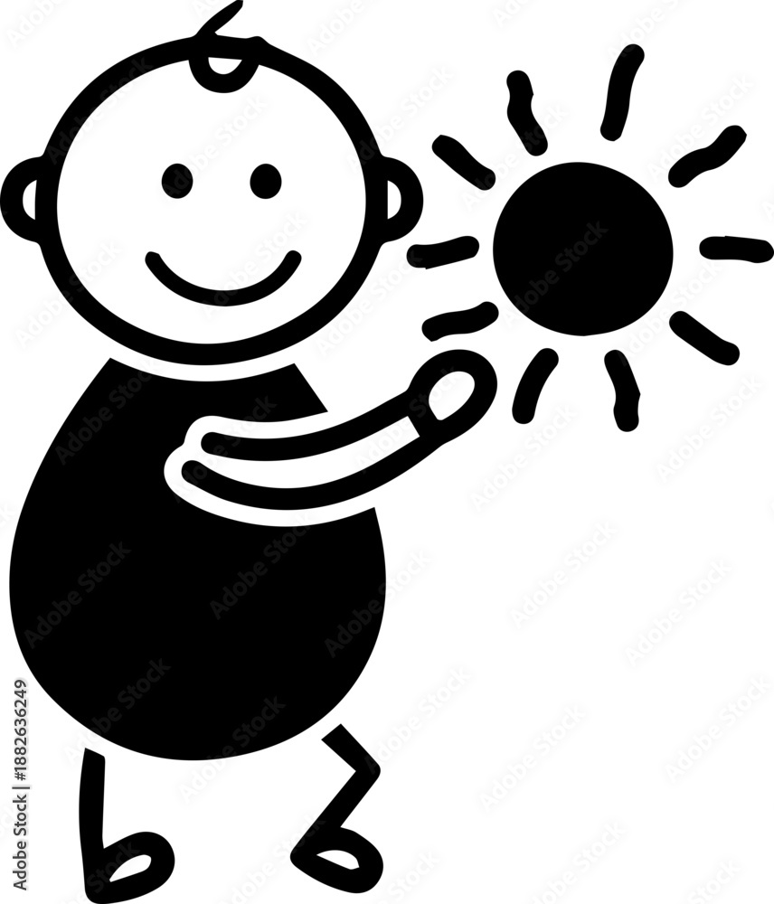 Obraz premium Simple Stick Figure Illustration of a Happy Child or Baby Reaching for a Radiant Sun Doodle Style Drawing