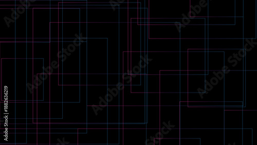 Colorful geometric pattern of intersecting lines and squares on black background