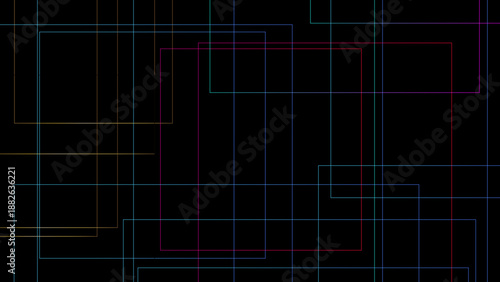 Colorful geometric shapes and lines on black background