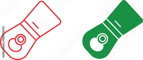 Two Christmas stockings with white outlines and festive symbols in red and green 1