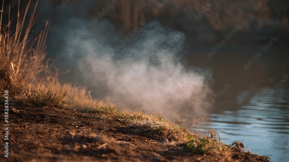 Fototapeta premium White smoke or steam drifts from a tranquil lakeside bank in soft morning or evening light