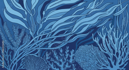 Abstract Deep Blue Ocean Waves Pattern with Seaweed and Coral Reef Elements