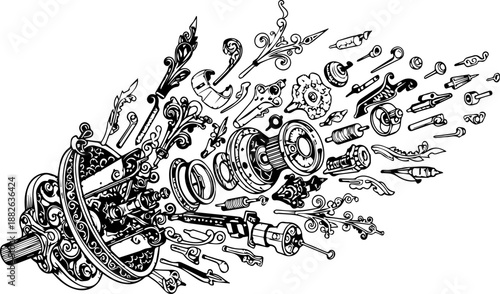 Abstract Stream of Flying Ornate Mechanical Parts Gears and Decorative Elements in Dynamic Motion