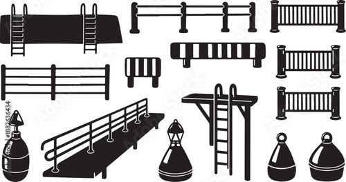 Collection of black and white fence and railing icons