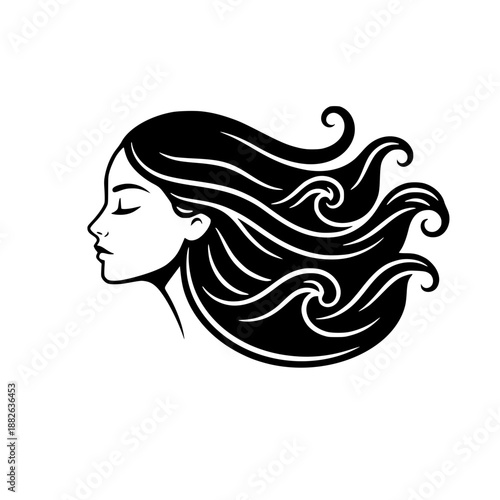 Minimalist vector illustration of a woman's side profile with long flowing hair shaped like ocean waves.