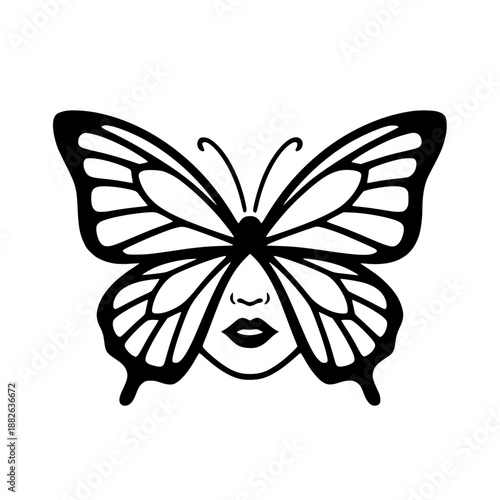 Minimalist vector illustration merging a female face with elegant butterfly wings.