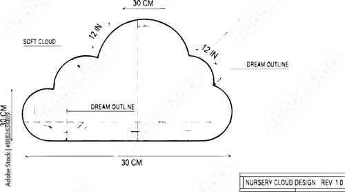 Technical drawing and blueprint of a nursery cloud design, cloud shape construction with measurements and dimensions