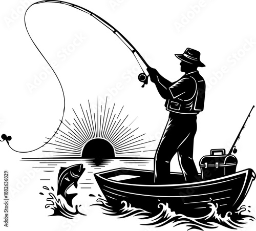 Black and White Silhouette of a Fisherman Catching a Fish in a Rowboat at Sunrise, Outdoor Recreation and Fishing Hobby Illustration