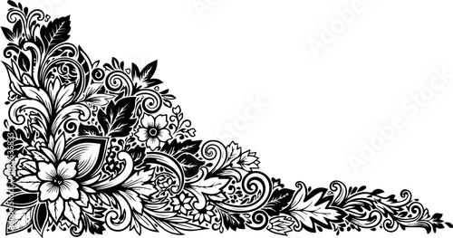 Ornate paisley and floral corner design, intricate decorative scrollwork illustration for invitations and borders