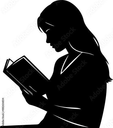 Minimalist Red Silhouette of a Young Woman with Long Hair Reading a Book, Isolated Profile