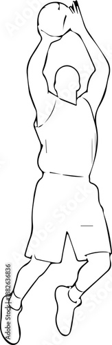 Basketball Player in Mid-Air Action Jumping for a Shot, Hand Drawn Outline Illustration of a Sportsman Playing Ball