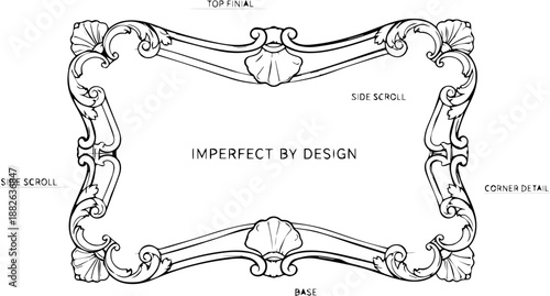 Ornate baroque frame technical schematic, blueprint drawing of a decorative mirror or picture frame with labels