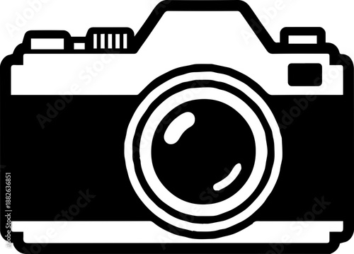 Vintage SLR camera icon illustration, black and white retro film camera silhouette in a minimalist style