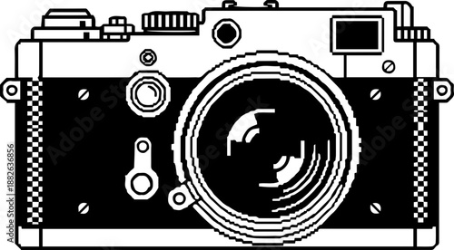 Retro pixel art camera illustration, vintage 8-bit style rangefinder film camera graphic design