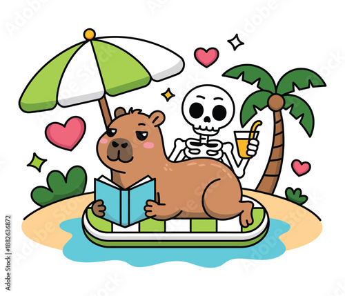 A capybara and skeleton on a floatie under an umbrella
