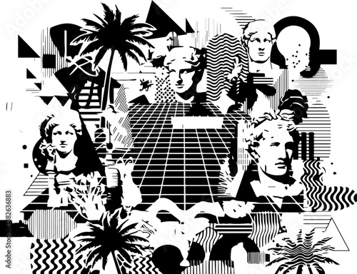 Surreal vaporwave collage with classical greek statues, palm trees, and abstract geometric shapes