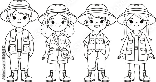 Cute kids explorer character outline vector set with boy and girl adventurers, safari outfits, and clean black line art