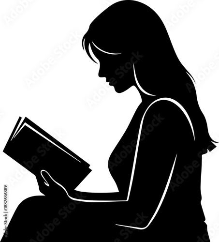 Silhouette of a Long-Haired Woman Reading a Book, Conceptual Image for Education, Knowledge, and Literary Inspiration