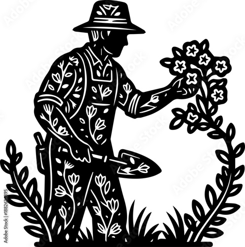 Stylized Folk Art Illustration of a Gardener Tending to Plants and Flowers, Gardening Hobby and Nature Care Concept