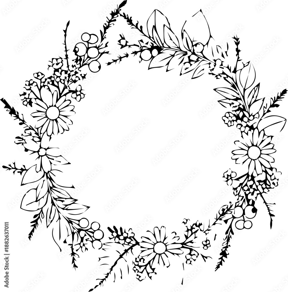Fototapeta premium Delicate Hand Drawn Wildflower and Herbal Wreath, Botanical Circle Frame Illustration in Line Art