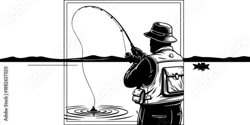 Vintage woodcut style of a fisherman casting his line on a lake with mountains, classic illustration of outdoor recreation and nature.