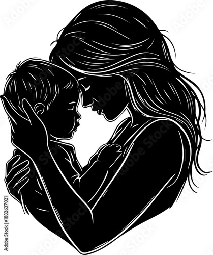 Black and white heart-shaped woodcut illustration of a mother and child, concept for unconditional love, family, and the maternal bond.