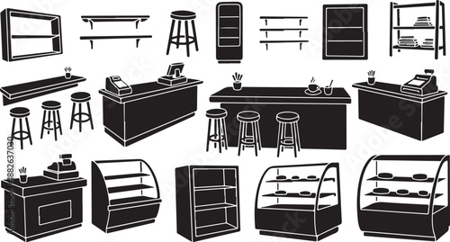 Collection of various store counters and shelves illustration set