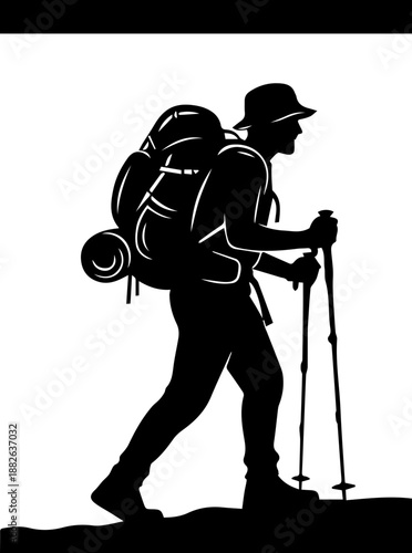 Detailed silhouette of a hiker with a hat and heavy trekking gear, symbol of exploration, mountain hiking, and long-distance travel.