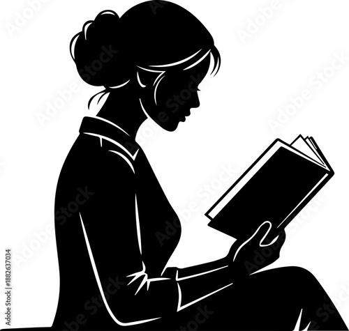 Black silhouette of a woman in a professional bun reading an open book, concept for literacy programs, higher education, and research.