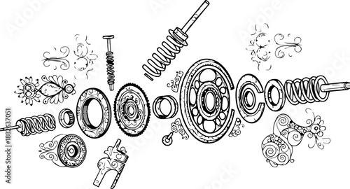 Linear Assembly of Ornate Mechanical Parts and Springs with Intricate Floral Scrollwork Patterns