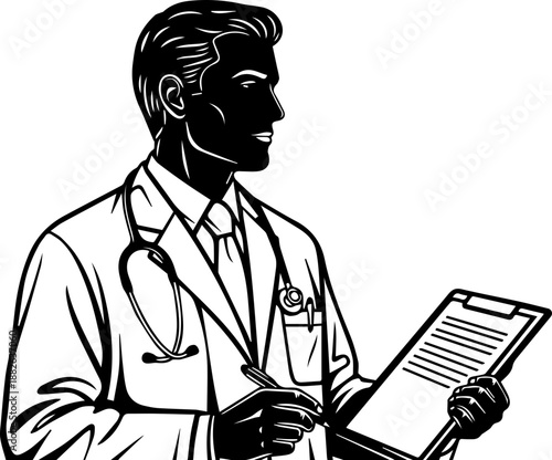 Professional Male Doctor Holding a Clipboard, Black and White Medical Illustration of a Healthcare Provider