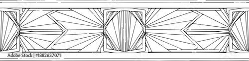Symmetrical Art Deco Geometric Border Pattern, Horizontal Divider with Sunburst and Fan Motifs