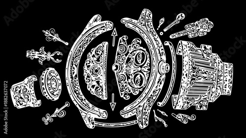 Intricate Ornate Mechanical Gear System Exploded View Illustration in White Line Art on Black Background