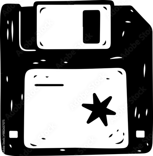 Hand-Drawn Retro Floppy Disk Illustration with Star Detail, Vintage Tech Storage Icon in Black and White Sketch Style