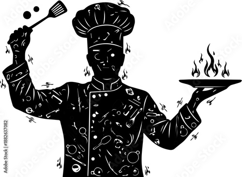 Artistic Chef Silhouette Filled with Culinary Patterns and Kitchen Tools, Symbolizing Cooking Passion and Expertise