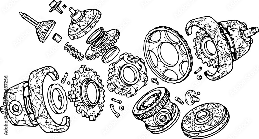 Obraz premium Artistic Exploded View Illustration of Mechanical Gears and Components with Ornate Floral Engravings