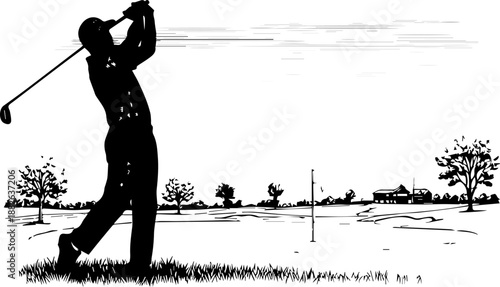 Detailed Woodcut Style Illustration of a Golfer Finishing a Swing on a Scenic Course at Sunrise