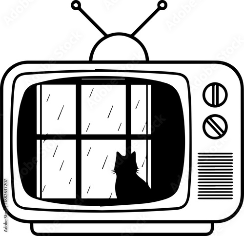 Retro Vintage Television Set Illustration Showing a Cat Looking Through a Rainy Window in Moody Sketch Style
