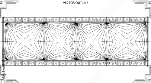 Architectural Floor Plan Drawing with Geometric Radiating Line Patterns and Ornate Border Frame