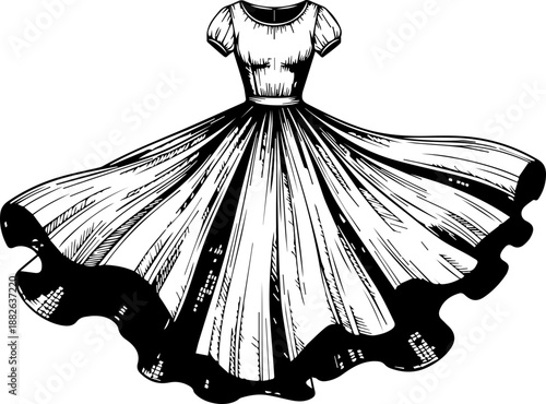 Vintage Engraving Style Drawing of a Flared Evening Dress Elegant Fashion Illustration of a Ballgown