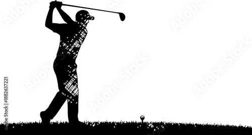 Artistic Scribble Style Silhouette of a Golfer Swinging a Club at Sunrise over a Hazy Course Landscape